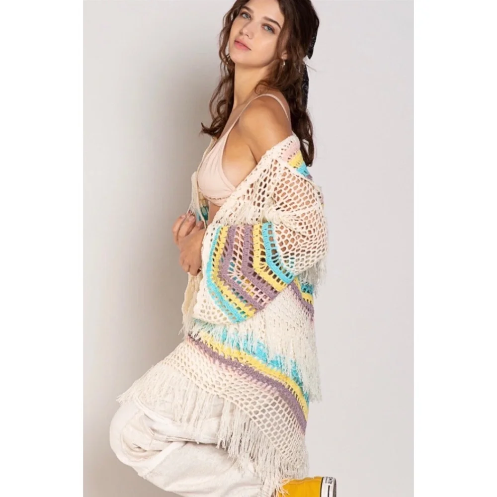 POL Beige Blue Crochet Hooded Cardigan with Fringe